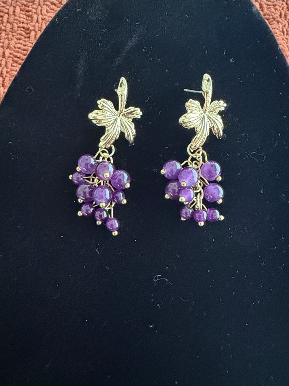 Gold Leaf Dangle Earrings with Purple Bead Clusters